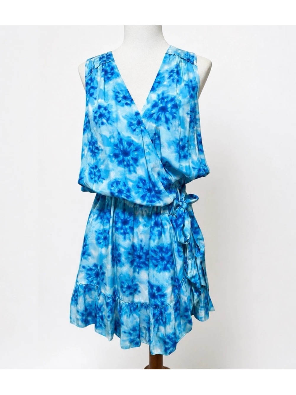 Ramy Brook Printed Maeve Wrap Mini Dress Sleeveless Size XS V Neck Tie Dye Bue - Picture 2 of 5